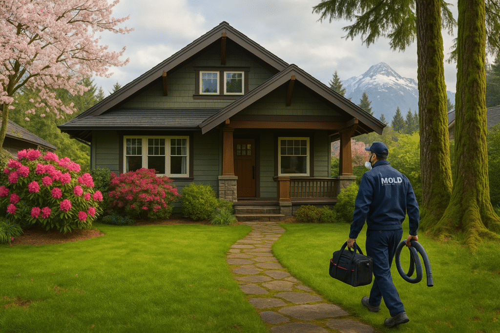 A mold-remediation technician in protective gear walks up a stone path toward a craftsman home surrounded by spring blossoms and evergreen trees in the Pacific Northwest