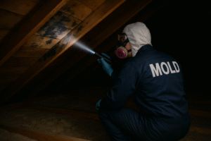 Mold-remediation professional wearing a respirator and ‘MOLD’ uniform shines a flashlight on black mold streaks along attic rafters while kneeling on insulation.