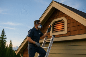Attic-inspection technician wearing a respirator stands on a ladder, aiming an infrared thermometer at a glowing gable vent of a Craftsman-style home, with evergreens and a Cascade peak in the background.