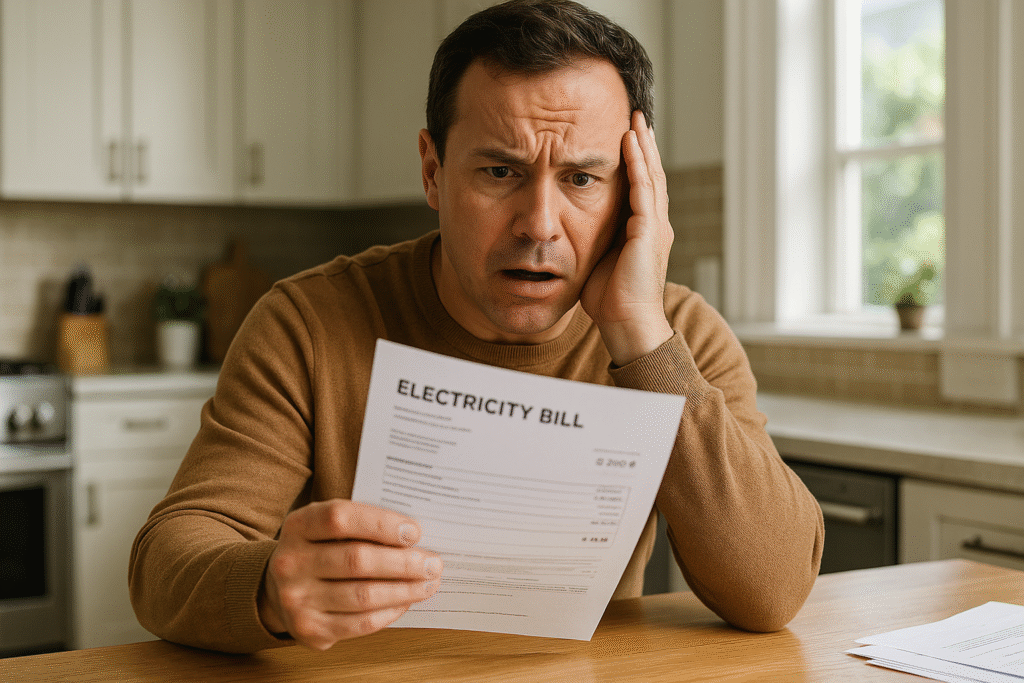 Concerned homeowner in a bright kitchen stares at an expensive electricity bill, resting one hand on his cheek in frustration.