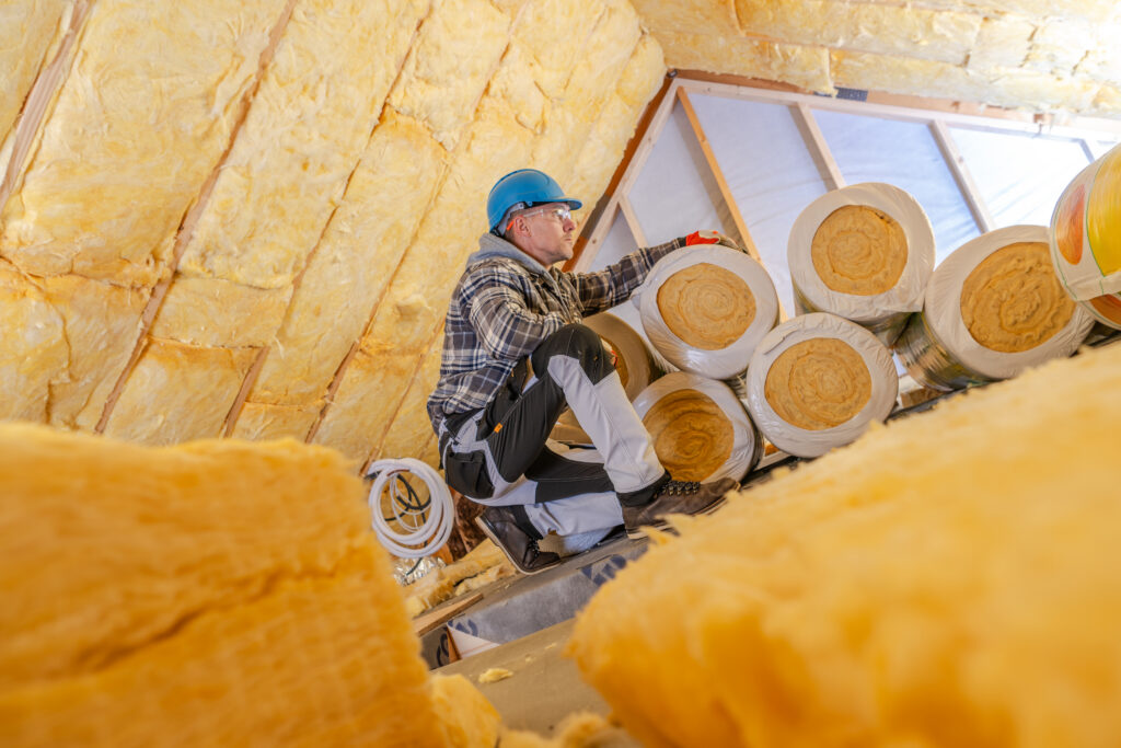 Worker installing rolled fiberglass insulation in a residential attic to improve home energy efficiency and ventilation.